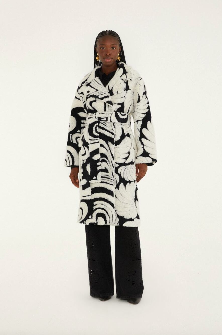 NWT FARM Rio Hearts & Bananas Fleece Coat Black White Belted Wool Blend Size S